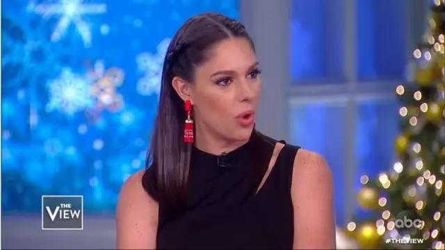 Alice + Olivia Black Shoul­der Jump­suit worn by Abby Huntsman n The View