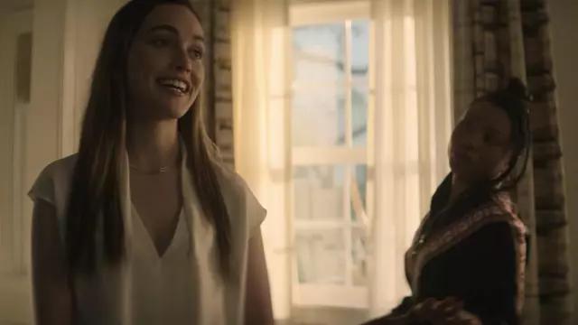 Theory Women SS Silk Combo Drape Top in Ivory worn by Love Quinn (Victoria Pedretti) as seen in You TV series wardrobe (S03E07)